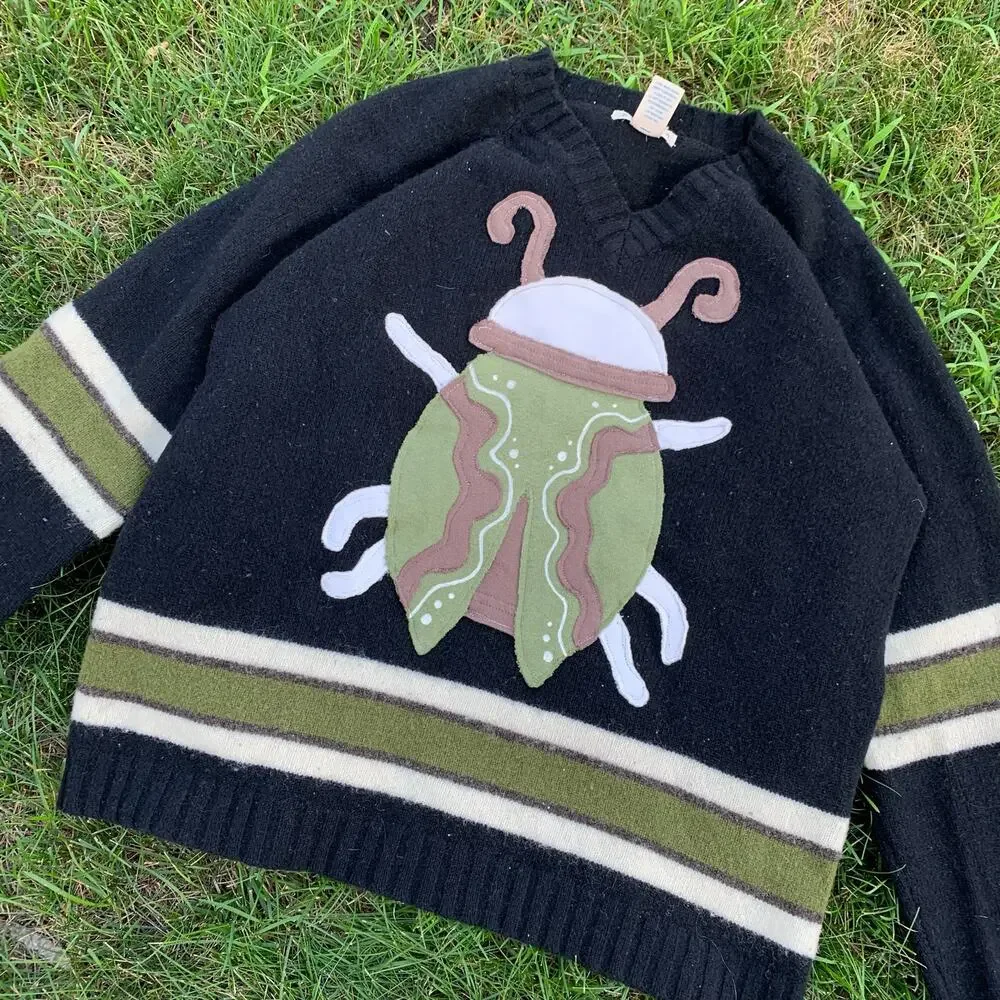Custom Upcycled Green Black Wool Beetle Patchwork Sweater Size Large